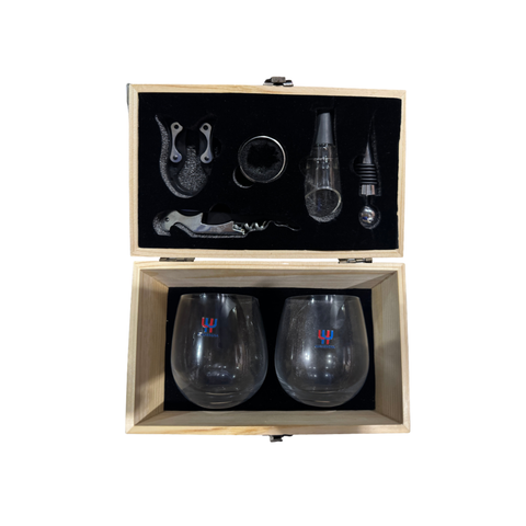 2 Rock Glasses with Wine Accessories – Wooden Box