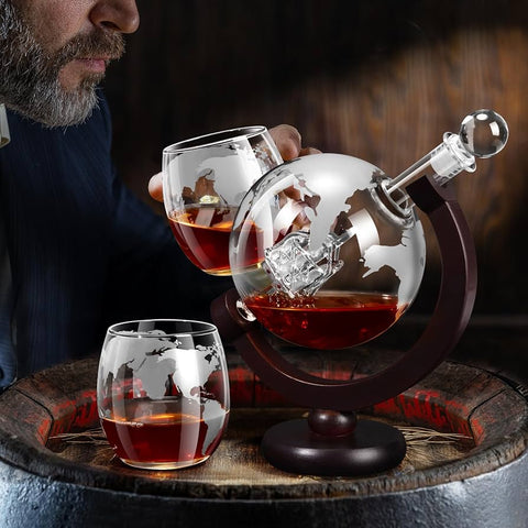 Bevtools Whiskey Globe Dispenser ( Globe Wine Bottle + 2 Map Glasses )