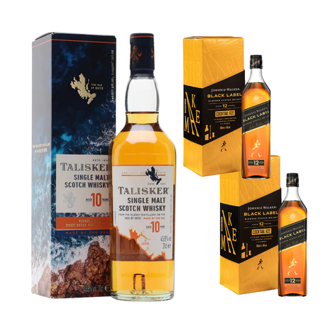 Buy Talisker 10 Year Old Single Malt Scotch Whisky 70cl and get 2 Johnnie Walker Black Label 70cl Cocktail Kit with Jigger