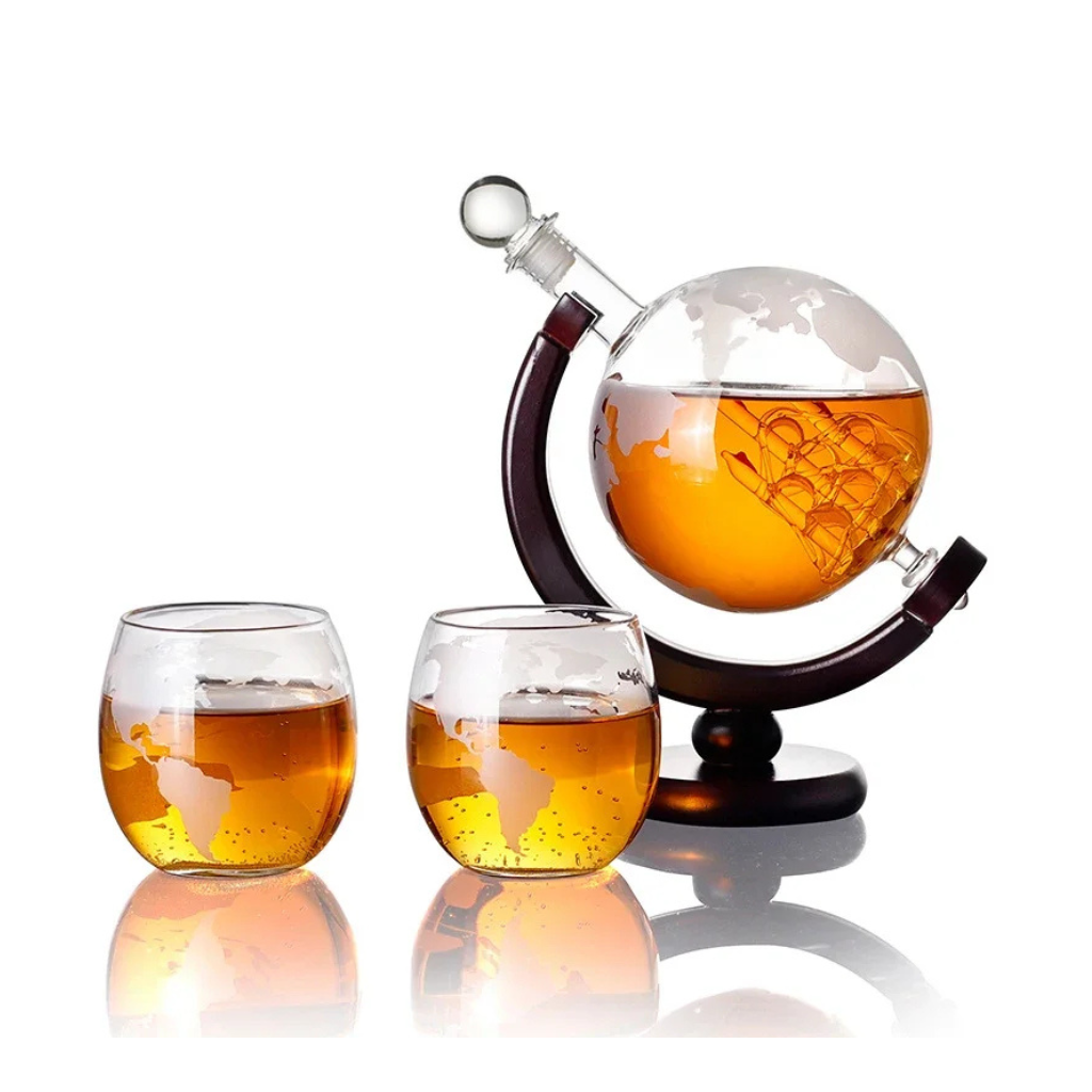 Bevtools Whiskey Globe Dispenser (Globe Wine Bottle + 2 Map Glasses )