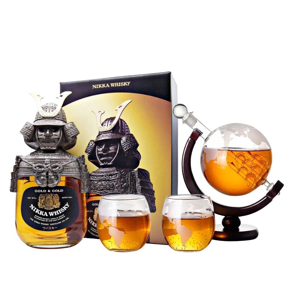 Buy 1 Nikka Gold & Gold Samurai Edition Get 1 Bevtools Whiskey Globe Dispenser ( Globe Wine Bottle + 2 Map Glasses )