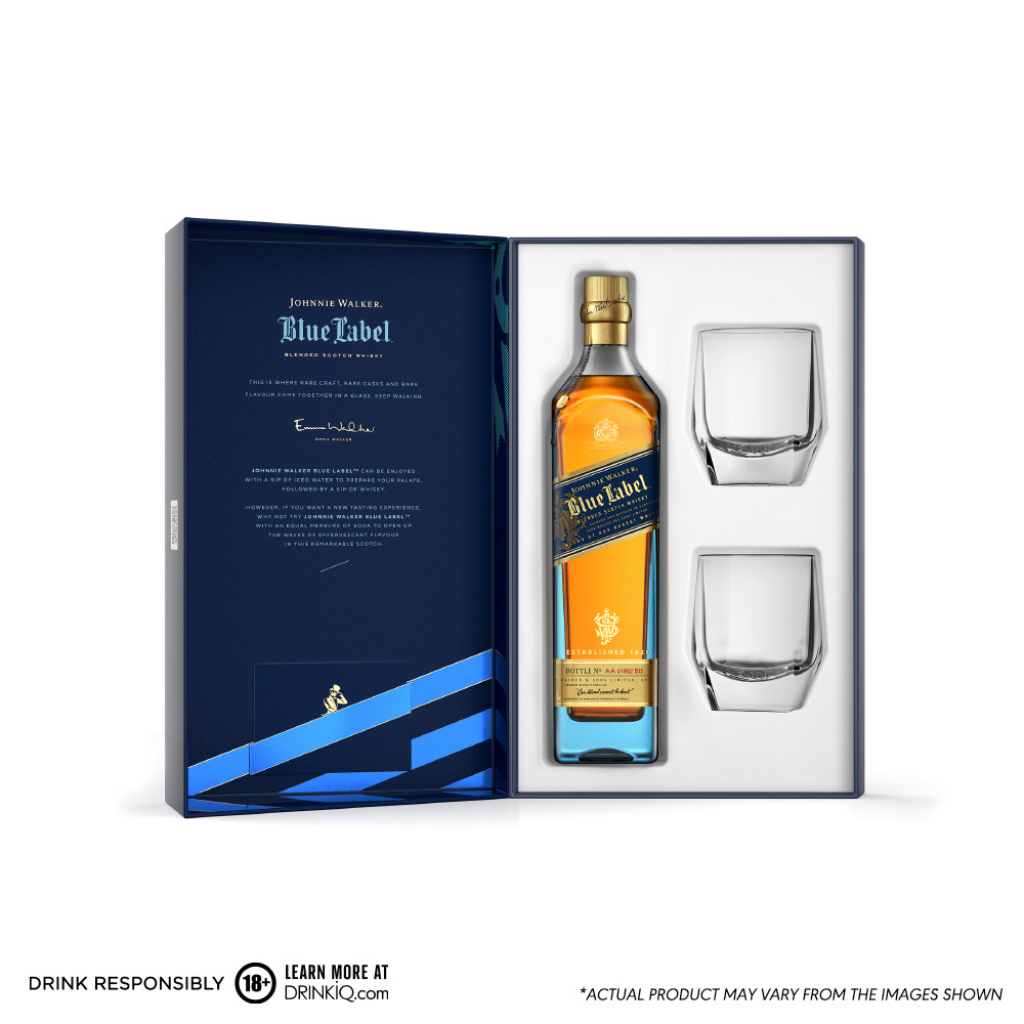 Johnnie Walker Blue Label 75cl with 2 FREE Crystal Glasses Gift Set