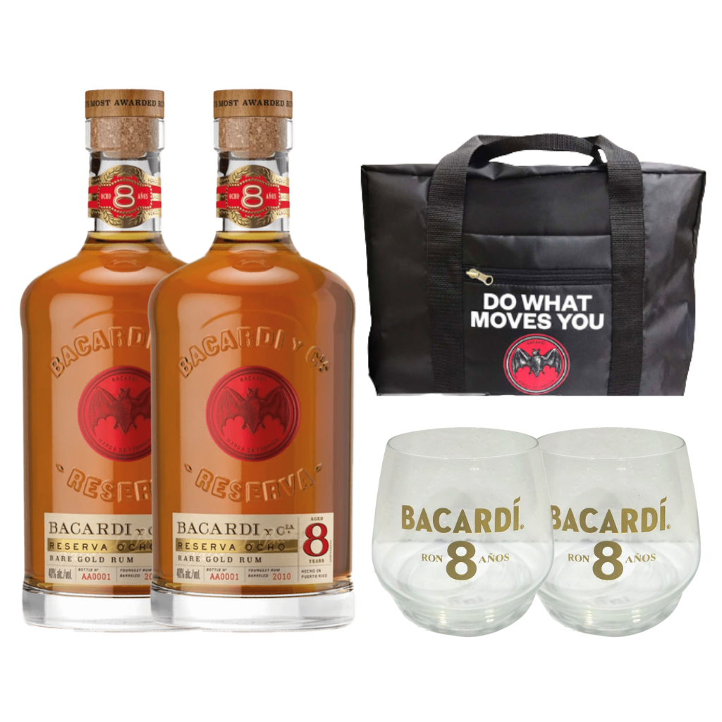Bacardi 8 Year Old Rum (2 Bottles) + FREE 2 Ocho Glasses & Duffle Bag