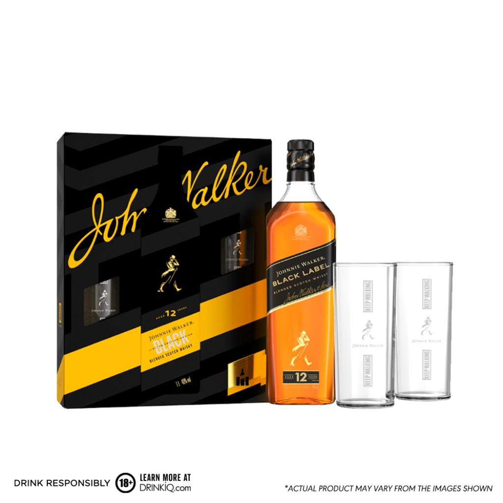 Johnnie Walker Black Label 1L with FREE 2 Highball Glasses Festive Pack